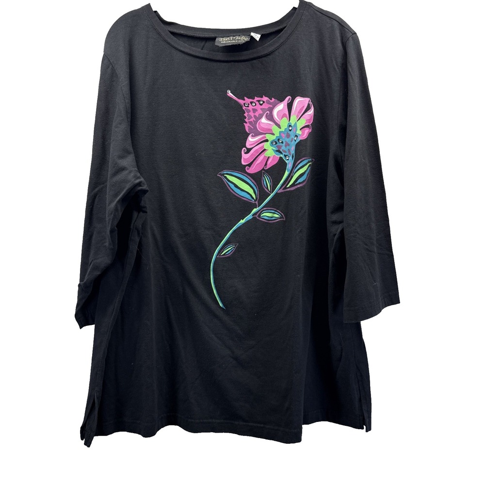 Bob Mackie Women's Top Sz 1X Black Pink Floral 3/4 Sleeves Pullover Cotton Blend